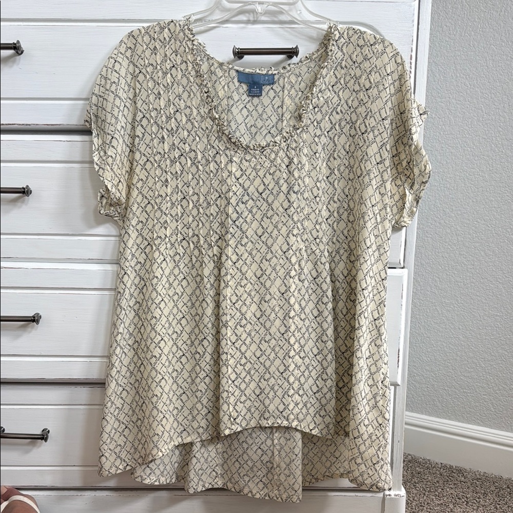 Anthropologie 100% Silk Cream and Brown Asymmetrical Bib Collar Blouse